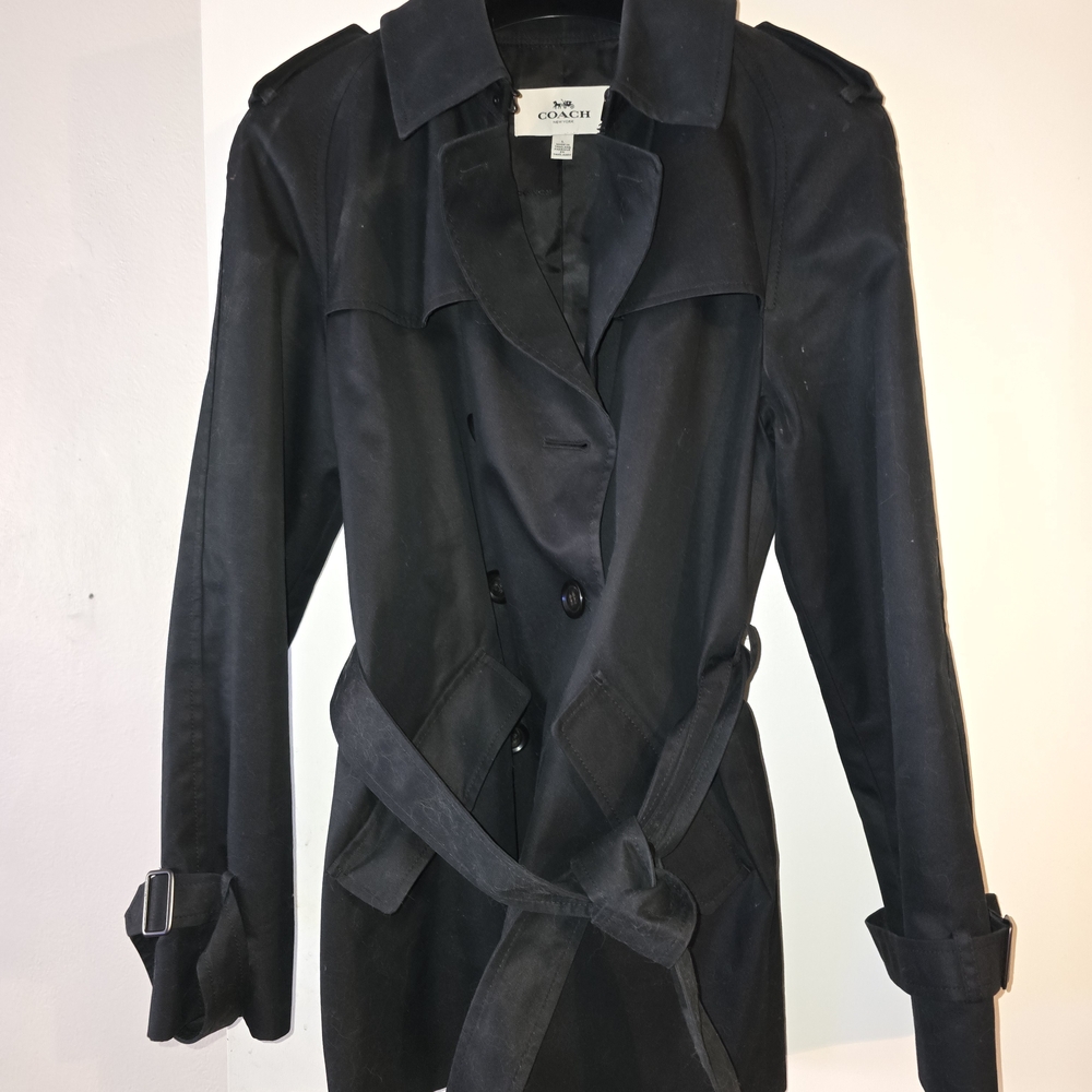 Coach Black Trench Coat with Belted Waist and Double-Breasted Design